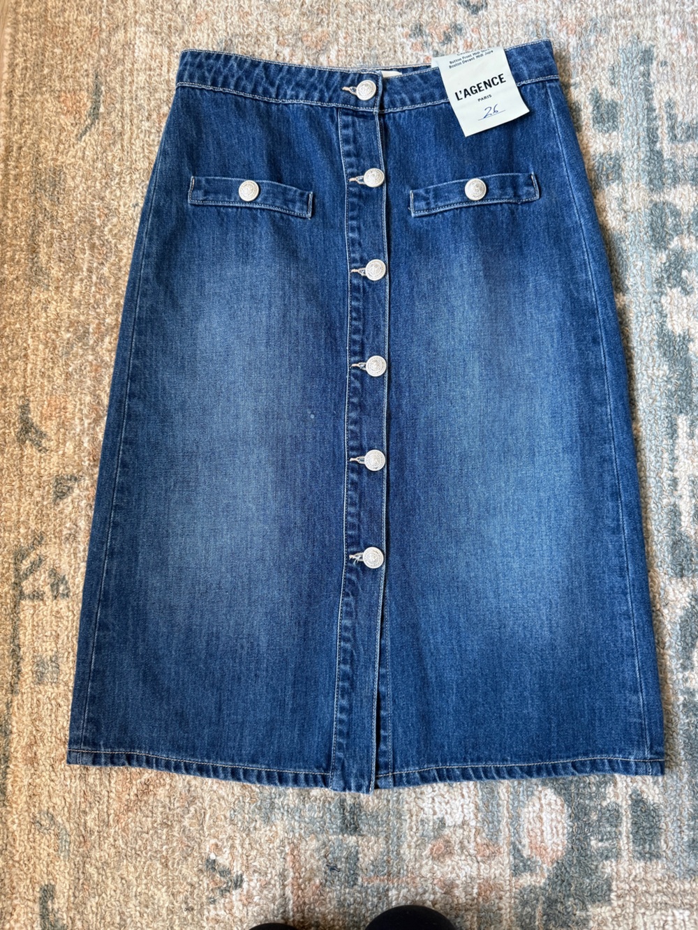 L'AGENCE Dark Blue Denim Button-Front midi skirt